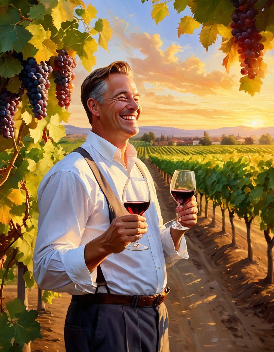 A serene vineyard during sunset, with rows of lush grapevines heavy with ripe grapes, a joyful winemaker laughing while holding a glass of wine raised in toast. Artistic elements like swirling vines and playful grape motifs in the background, embodying the essence of joy and celebration. warm golden hues and soft, inviting lighting create an uplifting atmosphere. painting. vibrant colors.