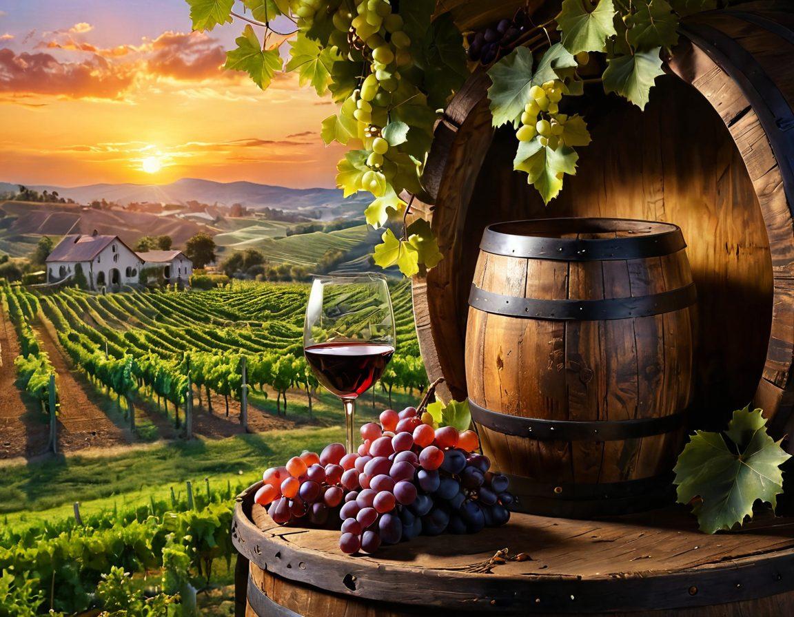 A picturesque vineyard at sunset, with clusters of grapes hanging from lush vines, a rustic wooden wine barrel in the foreground, and a glass of rich red wine elegantly placed beside it. The scene captures the essence of the winemaking journey, with rolling hills and a glowing sky in the background. Incorporate elements of joy and tradition with soft, warm lighting highlighting the grapes and glass. vibrant colors. painting.