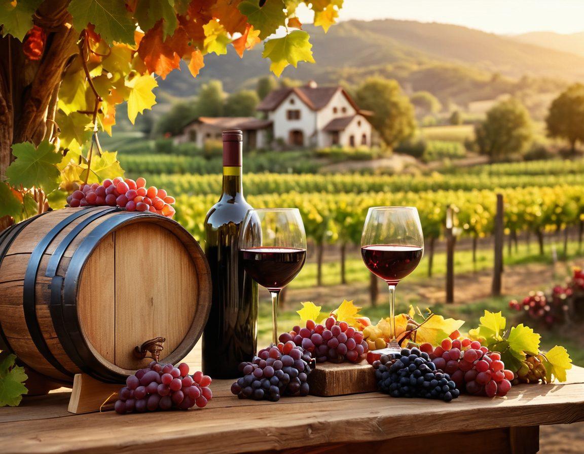 A beautifully arranged winery scene featuring a rustic wooden table with elegant wine glasses, colorful grapevines in the background, and a picturesque vineyard landscape at sunset. Include clusters of grapes, an old wine barrel, and traditional winemaking tools to emphasize heritage. Capture the essence of celebration with a soft glow and festive decorations. super-realistic. vibrant colors. natural lighting.